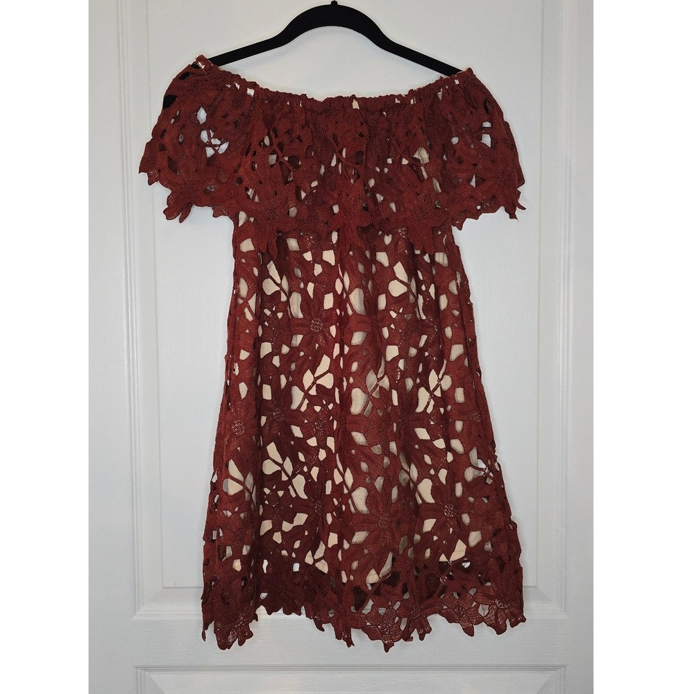 Rust Floral Guipure Lace Off The Shoulder Mini Dress Terracotta Boho Cocktail - Picture 4 of 4